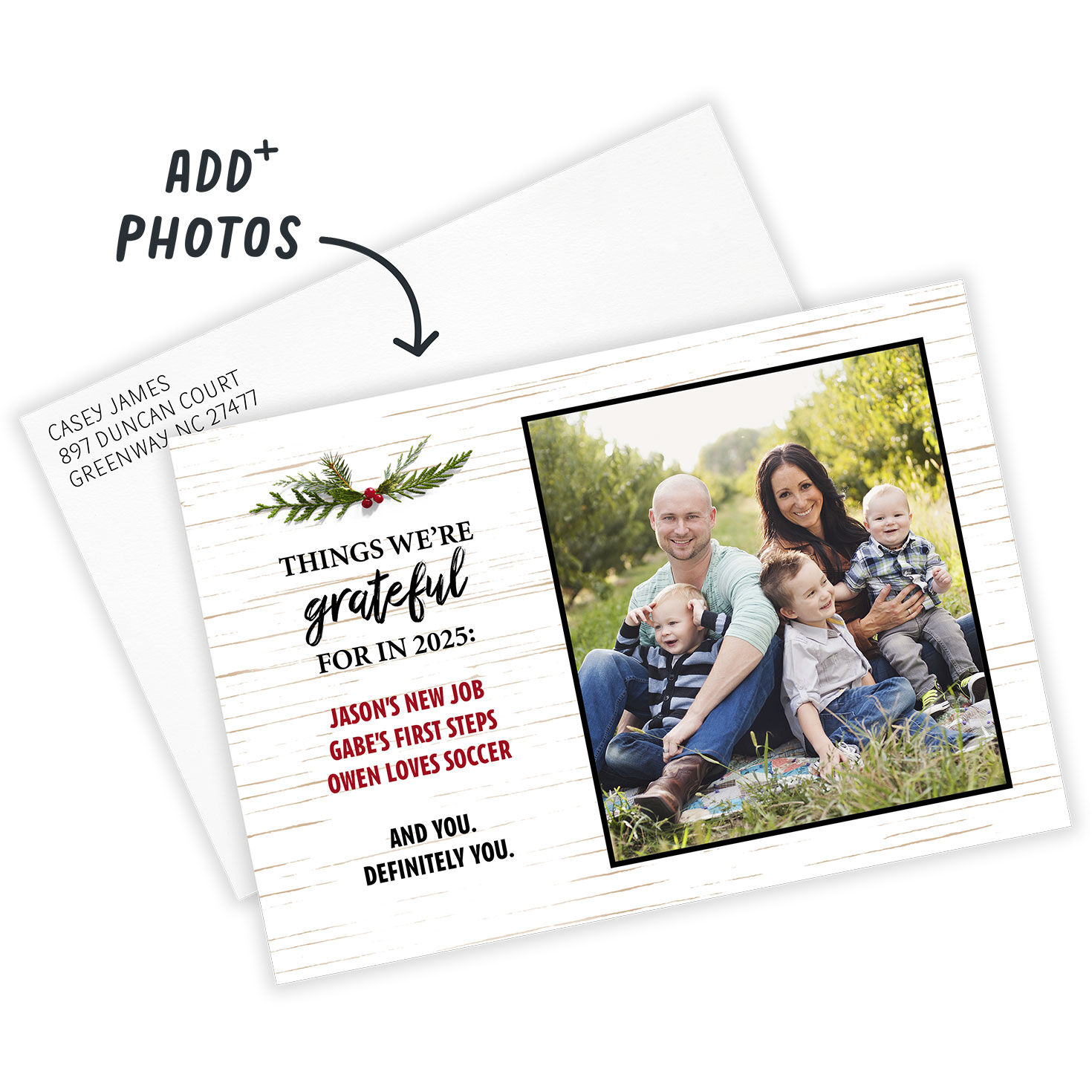 Holly and Rustic Wood Flat Christmas Photo Card Card Front indicating personalization image number 2