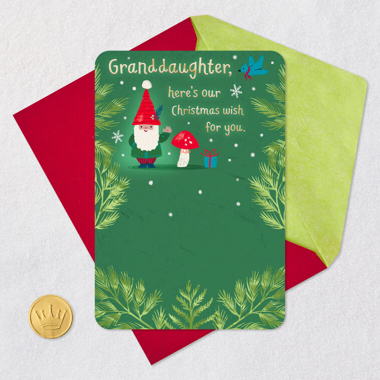Gnome and Mushroom Granddaughter Christmas Card Card Front with Envelope and Gold Seal image number 5