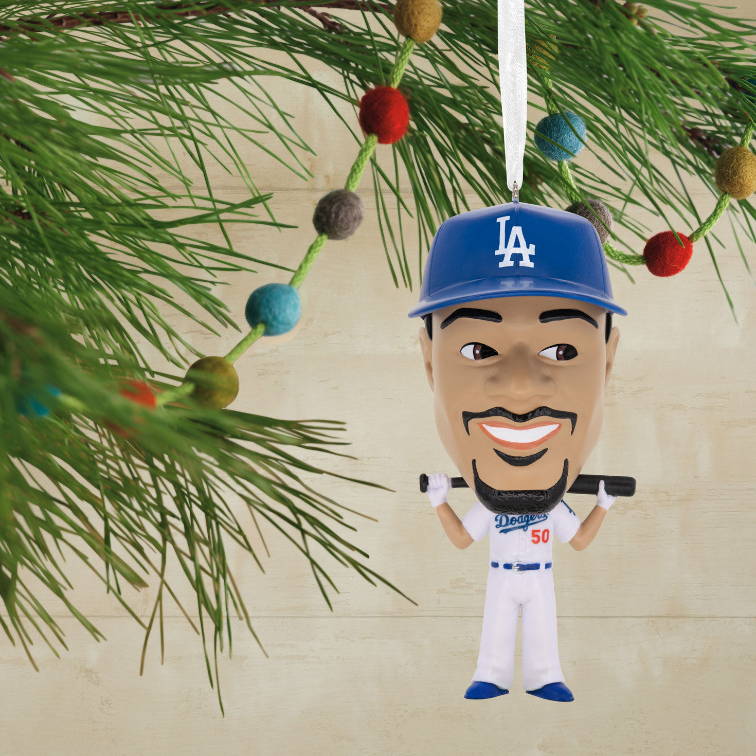 Dodgers Mookie Betts Bobblehead Christmas Ornament hanging on tree image number 2