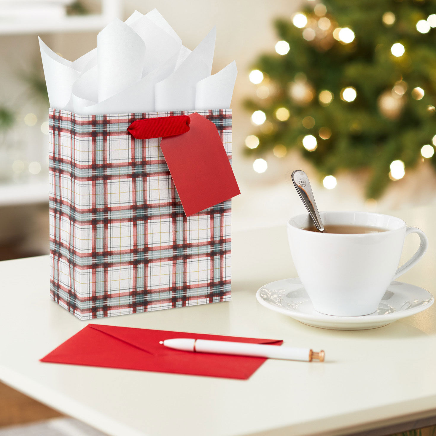 Farmhouse Plaid on White Small Holiday Gift Bag In use image number 2
