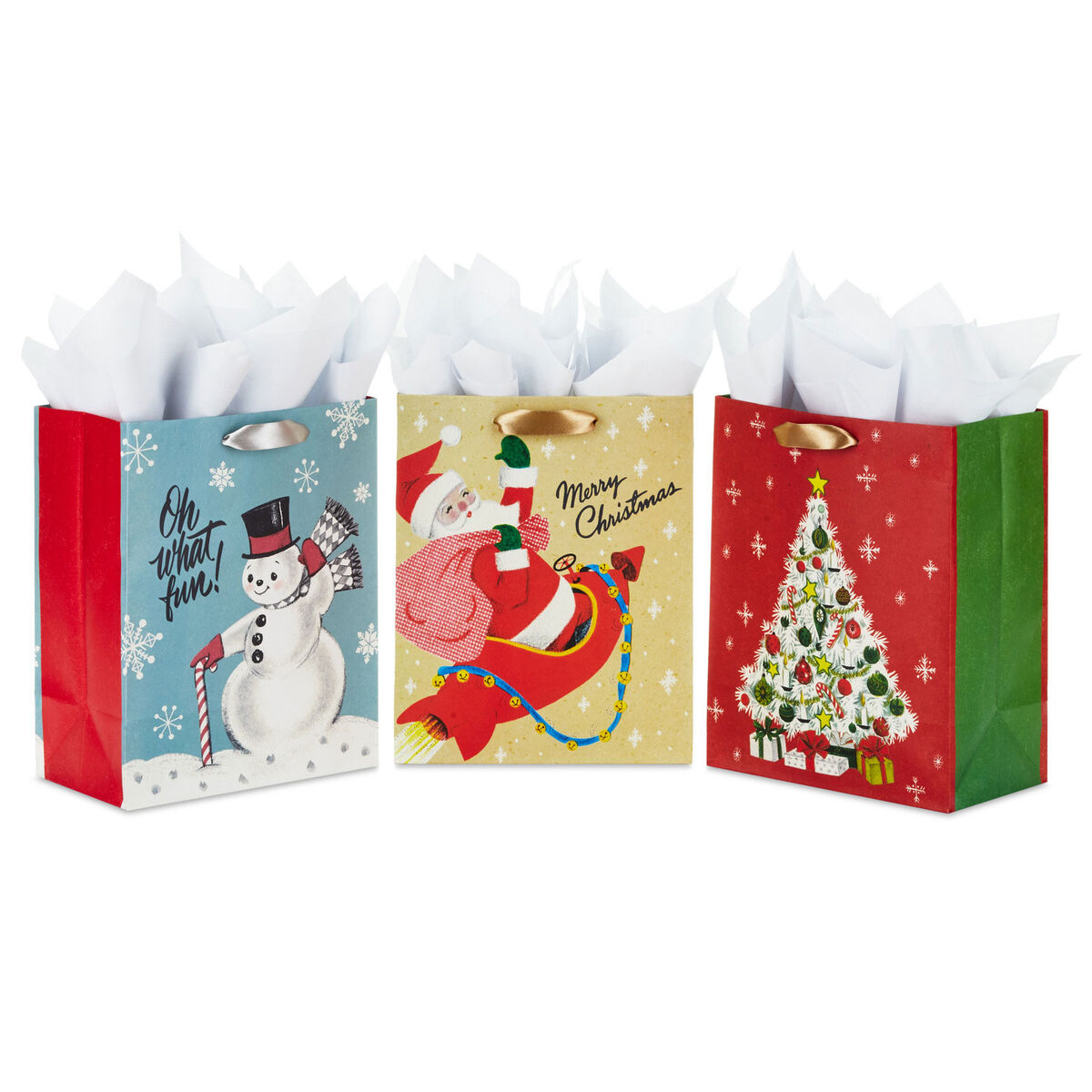 9.6" Retro Fun 3Pack Medium Christmas Gift Bags With Tissue Paper
