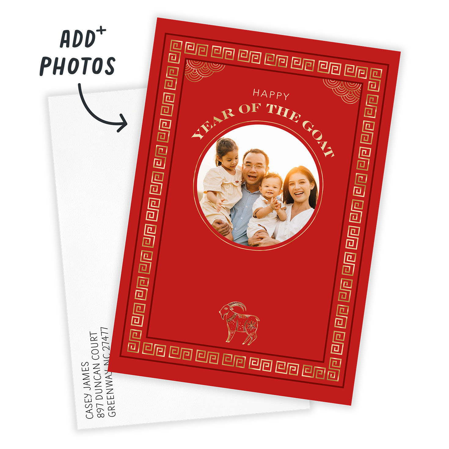 Red Gold Year of Goat Personalized New Year Card Card Front indicating personalization image number 2