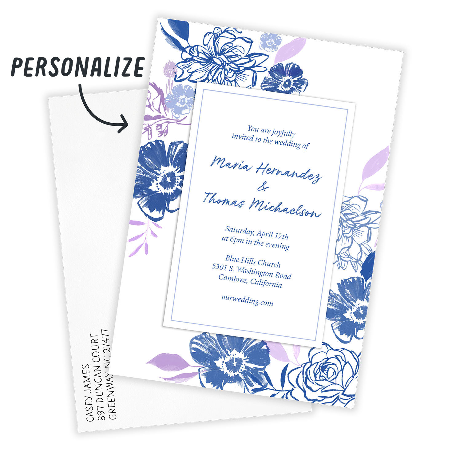 Blue Flower Drawings Personalized Wedding Invitation Card front with Envelope indicating personalization image number 2