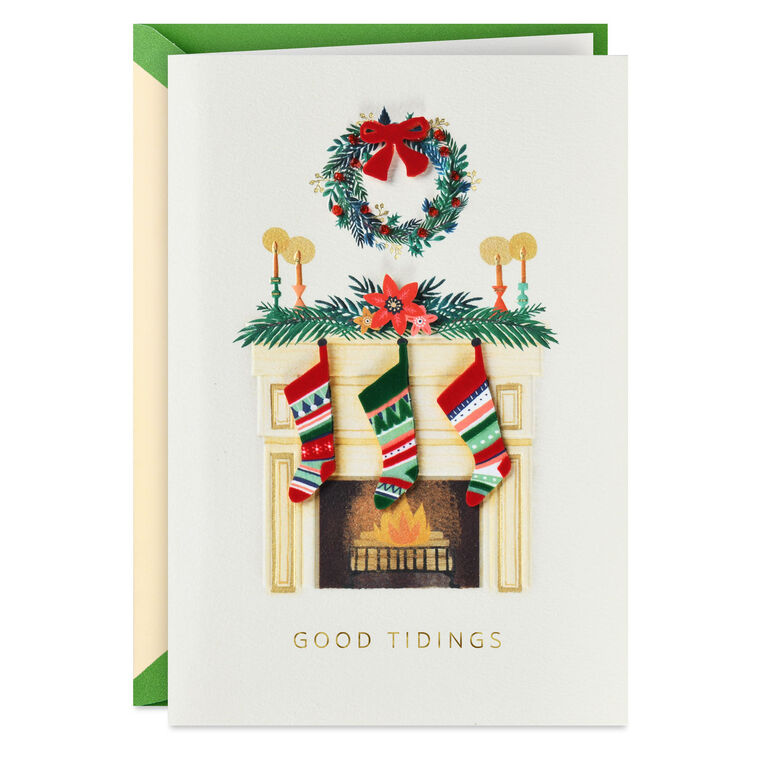 Good Tidings Holiday Stockings on Fireplace Christmas Card