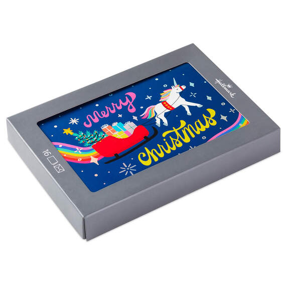 Rainbow Unicorn Pulling Sleigh Boxed Christmas Cards, Pack of 16, , large image number 1