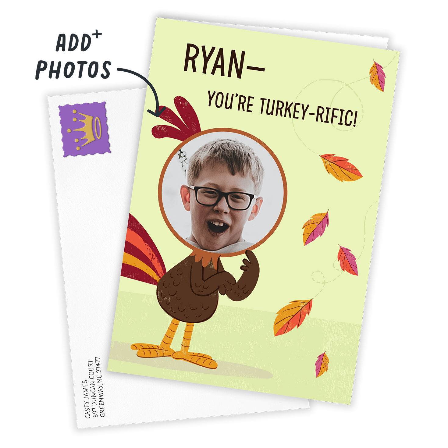 Photo as Turkey Face Personalized Thanksgiving Card Card Front indicating personalization image number 2