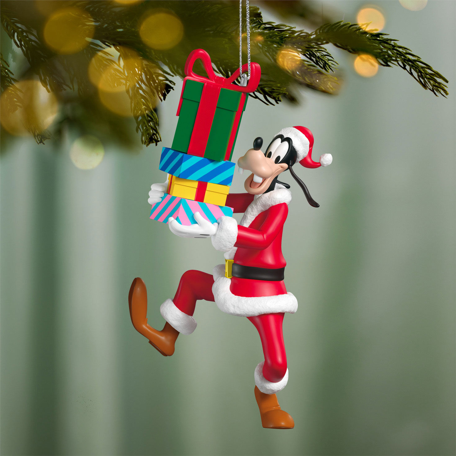 Santa Goofy Holding Presents Keepsake Ornament Hanging on tree image number 2