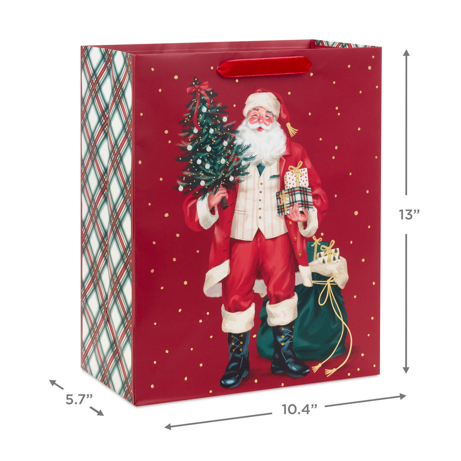 Santa With Gifts on Red Large Christmas Gift Bag measurement image number 3