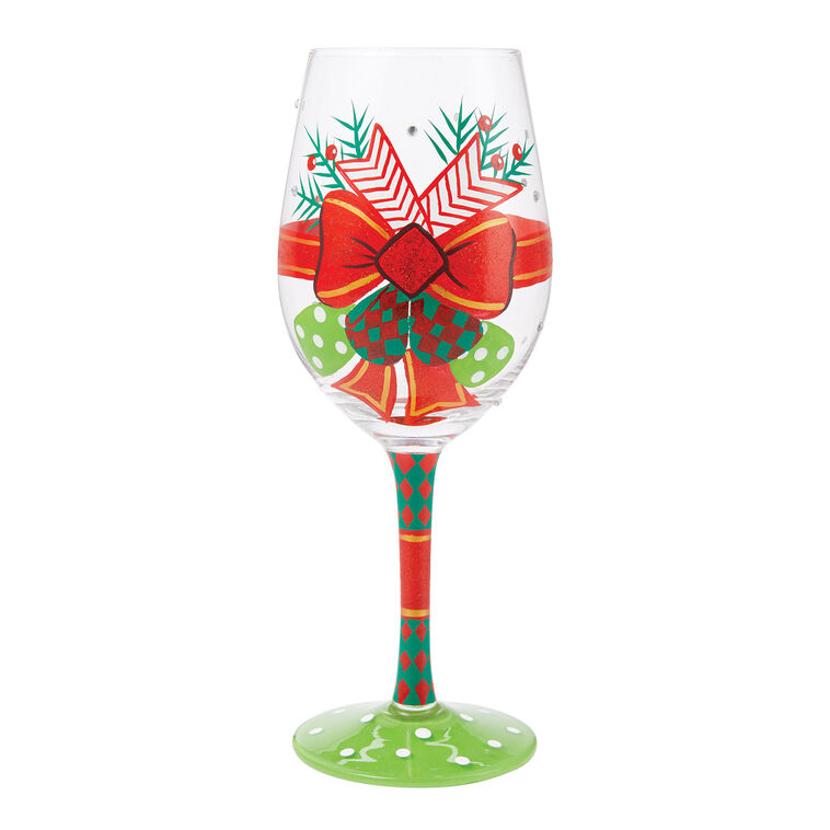 Lolita My Fancy Christmas Bow Handpainted Wine Glass, 15 oz.