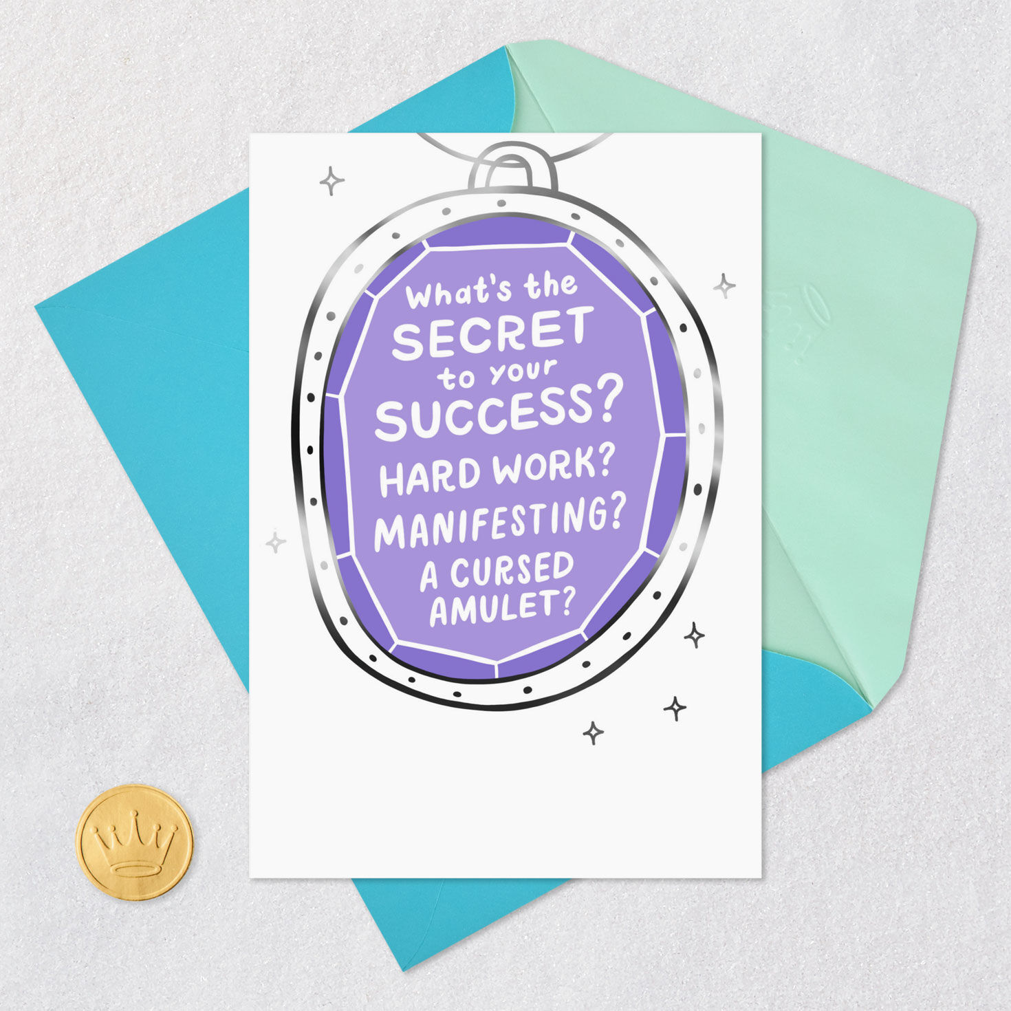 Purple Amulet Funny Congratulations Card Card Front with Envelope and Gold Seal image number 5