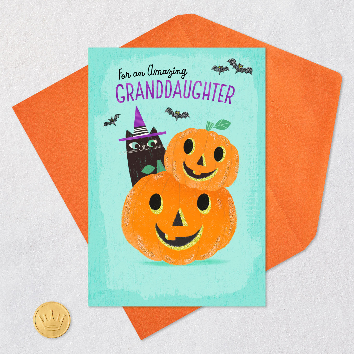 Black Cat, Pumpkins and Bats Granddaughter Halloween Card Card Front with Envelope and Gold Seal image number 5