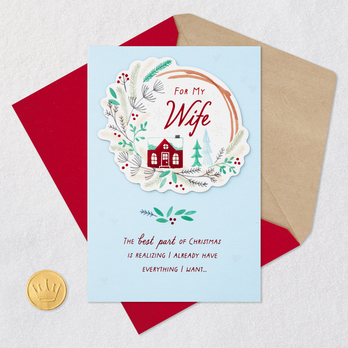 Cozy Home and Wreath Christmas Card for Wife Card Front with Envelope and Gold Seal image number 6