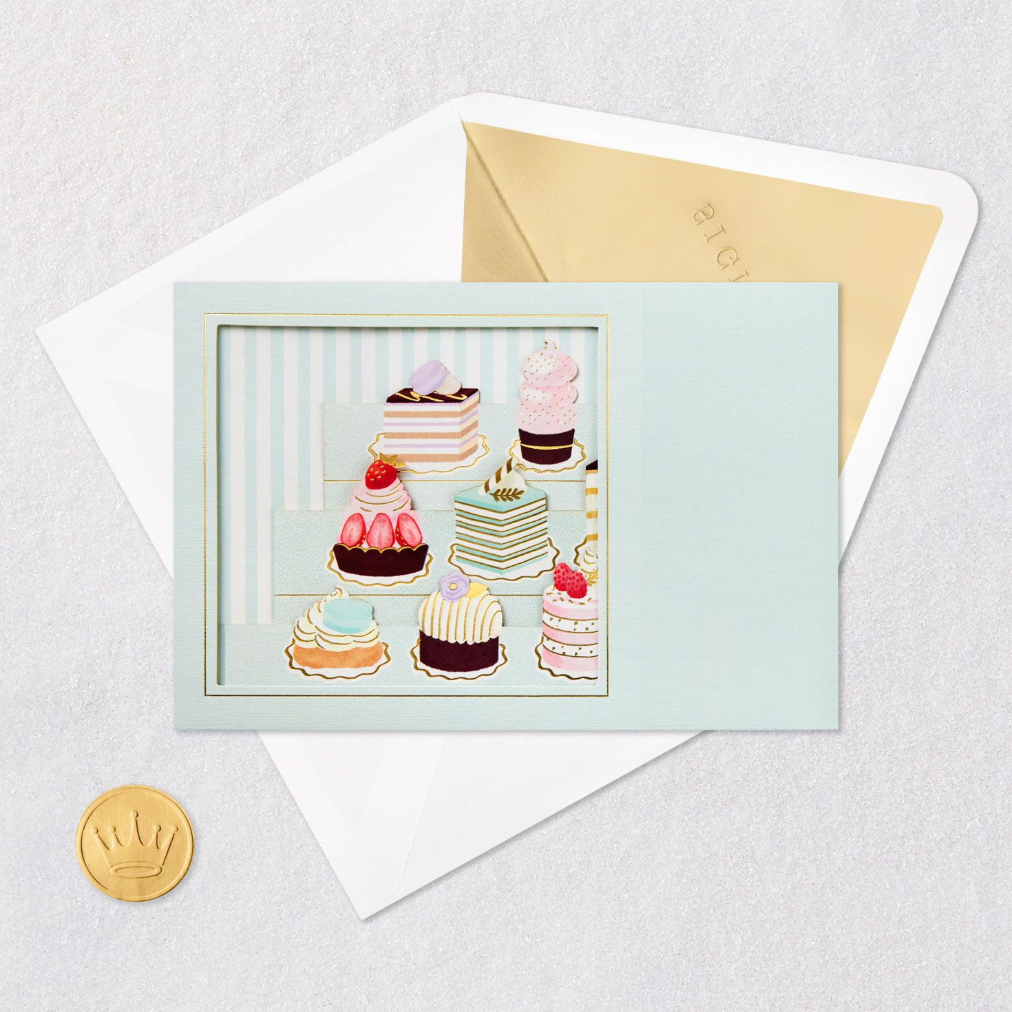 Vintage Cakes Dessert Display Pop-Up Birthday Card Card Front with Envelope and Gold Seal image number 5