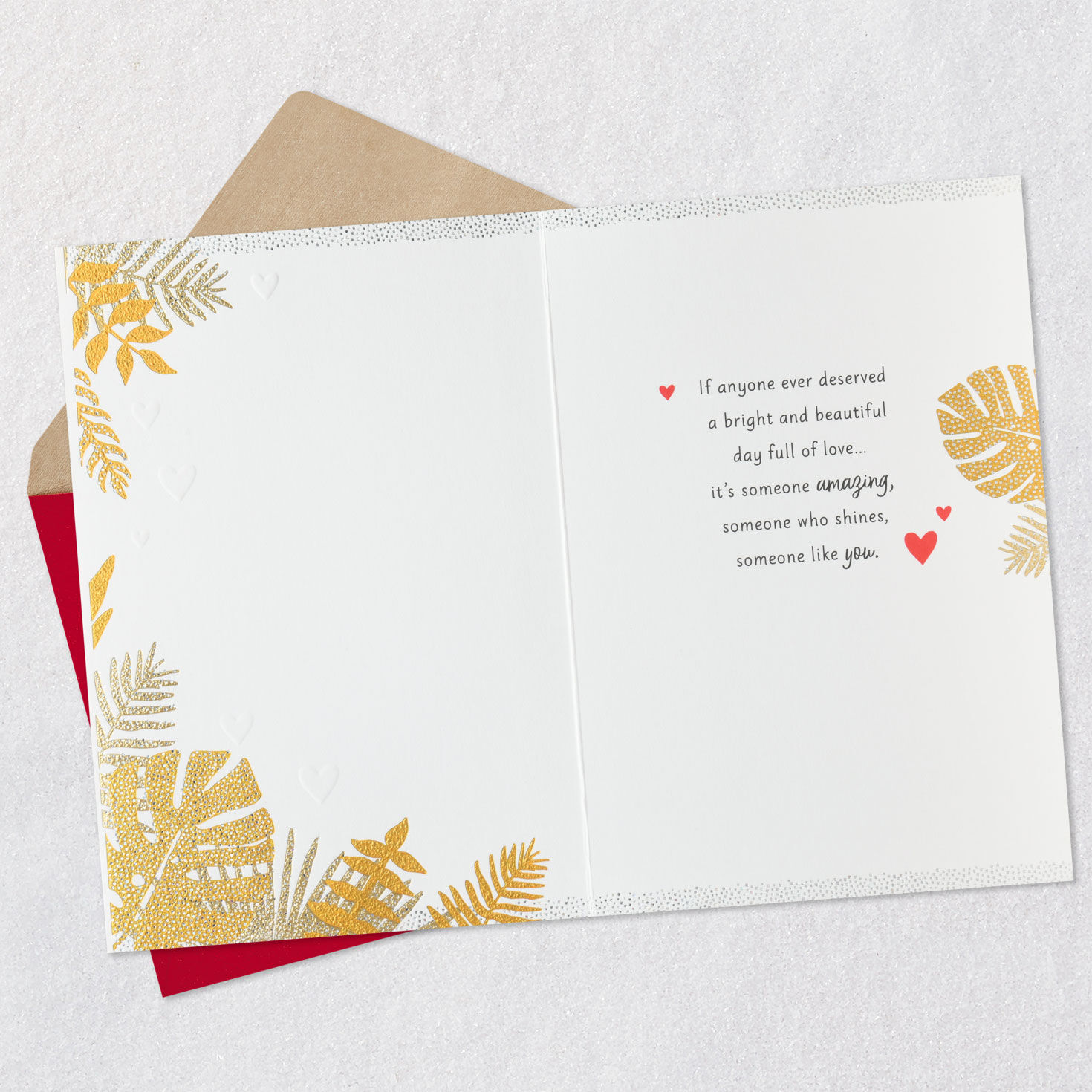 Red Heart and Tropical Leaves Valentine's Card Open card with envelope image number 3