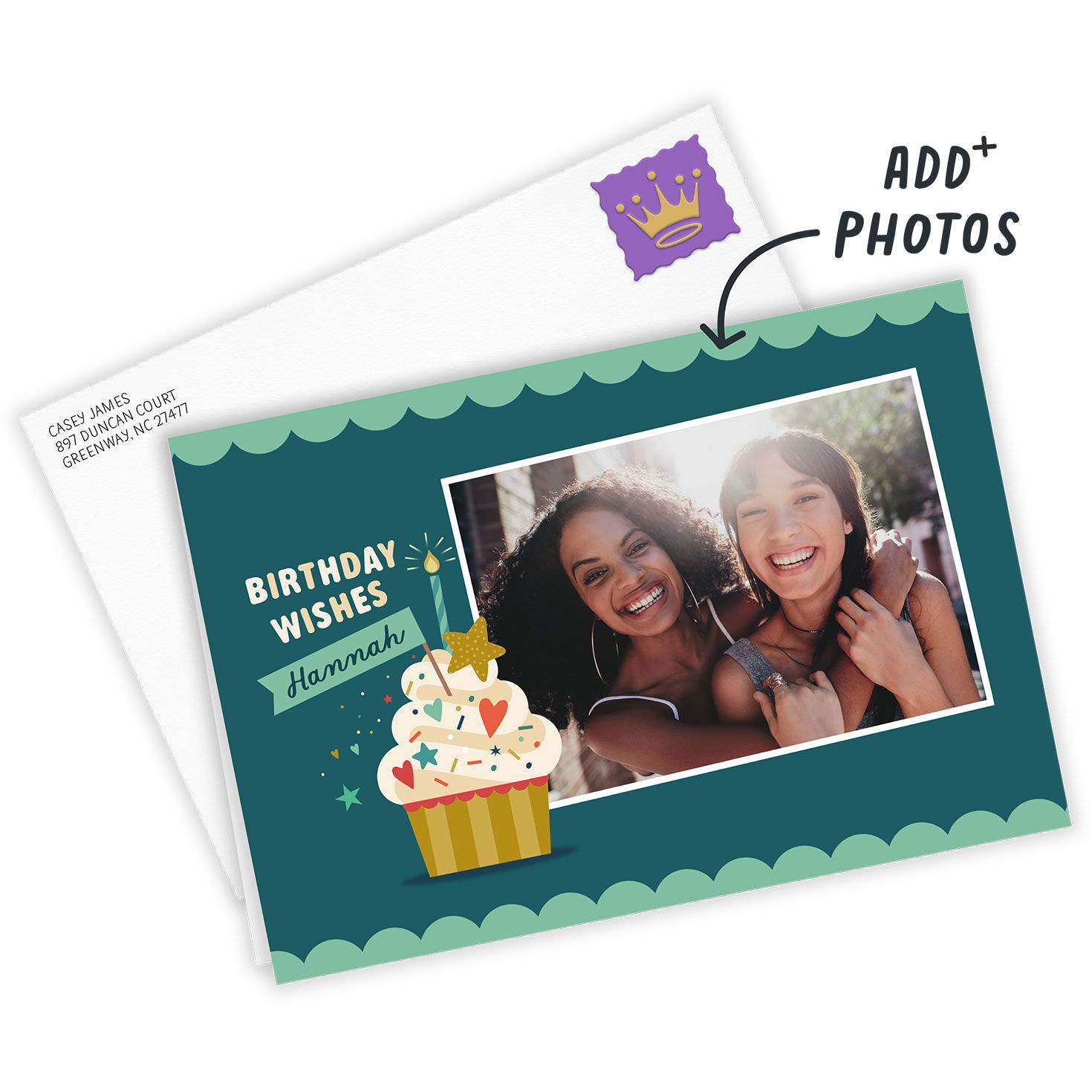 Cupcake Photo on Teal Personalized Birthday Card Card Front indicating personalization image number 2