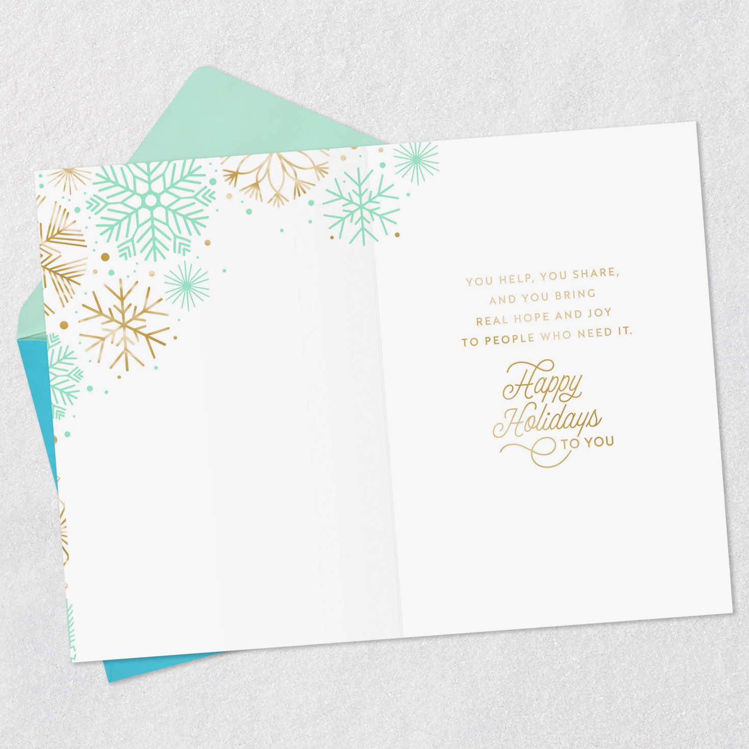 Mint Green and Gold Snowflakes Nurse Christmas Card Open card with envelope image number 3