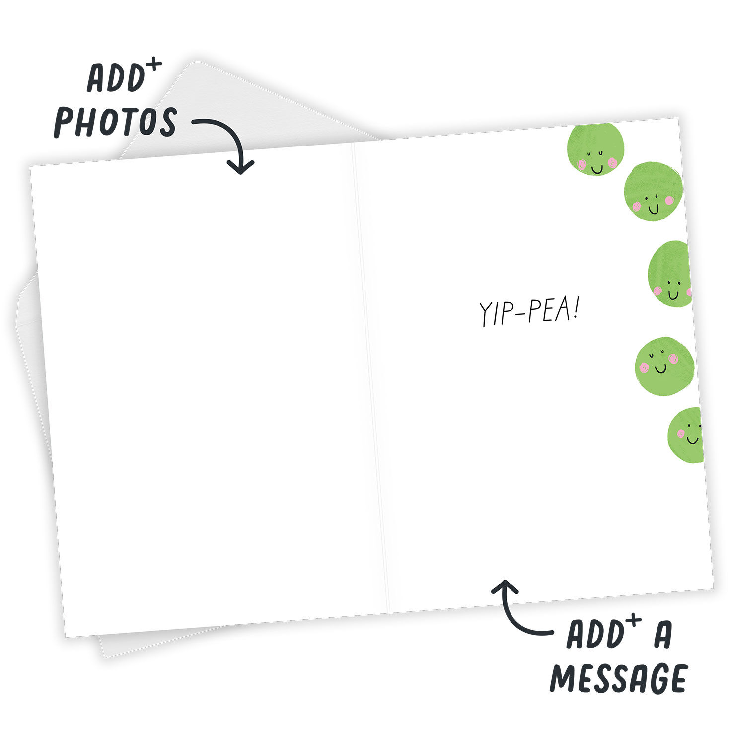 Smiling Green Peas Personalized Birthday Card Open Card with Envelope indicating personalization image number 3