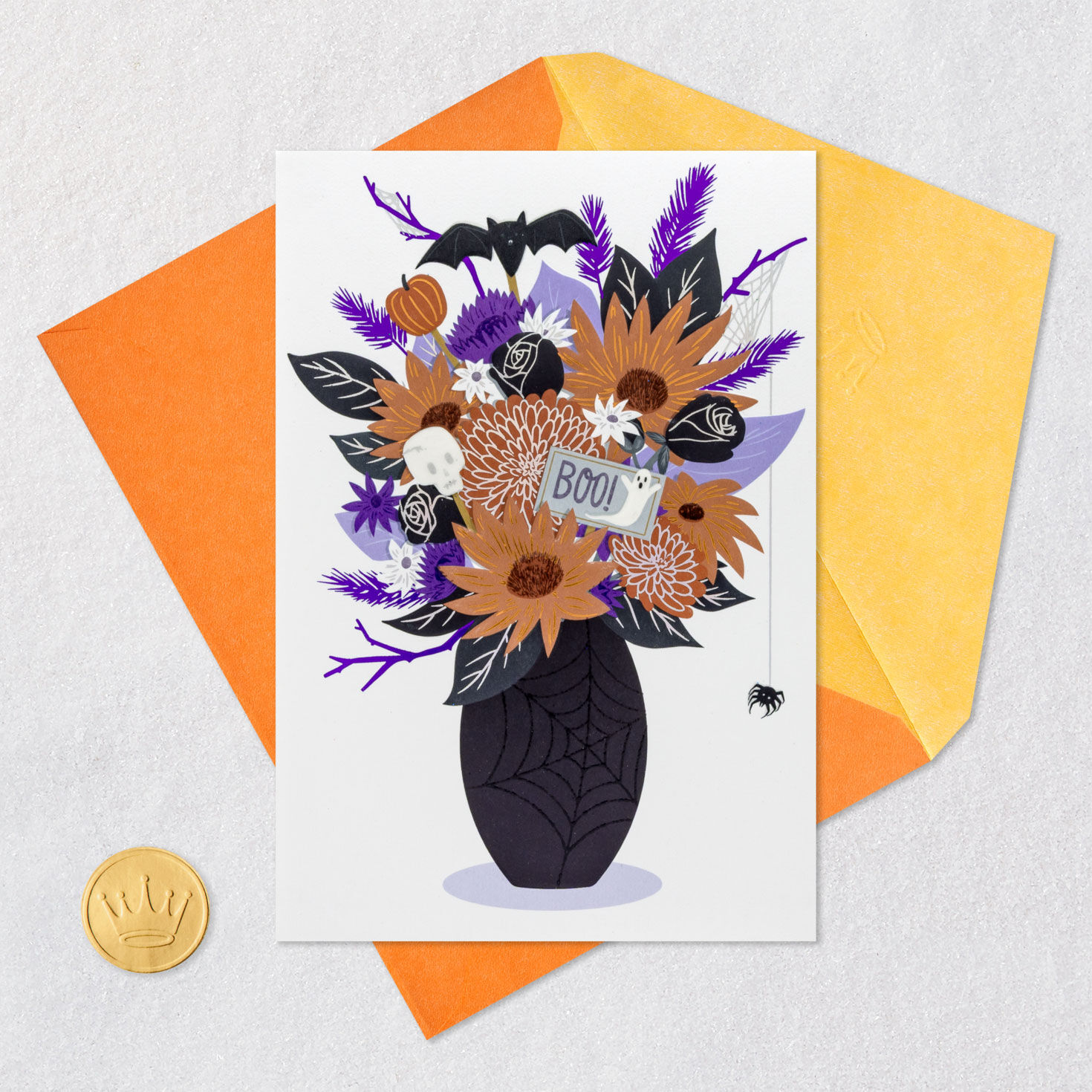 Fancy Purple and Orange Florals Halloween Card Card Front with Envelope and Gold Seal image number 5