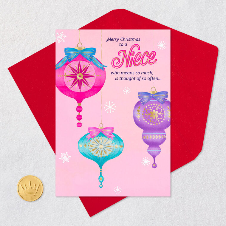 Pink, Teal and Purple Ornaments Niece Christmas Card Card Front with Envelope and Gold Seal image number 5