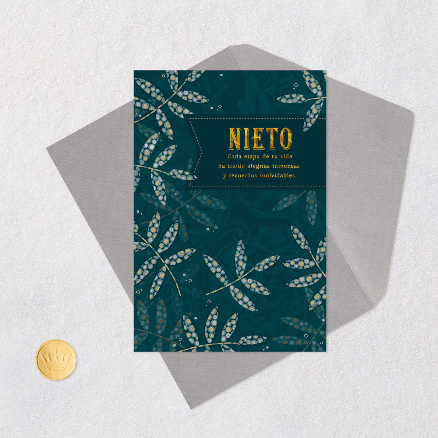 Patterned Leaves Grandson Birthday Card in Spanish Card Front with Envelope and Gold Seal image number 5