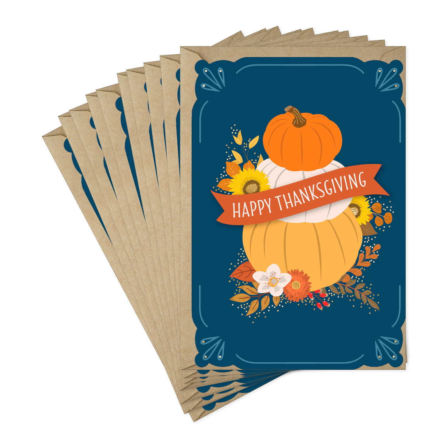 Stacked Pumpkins and Leaves Thanksgiving Cards, Pack of 10