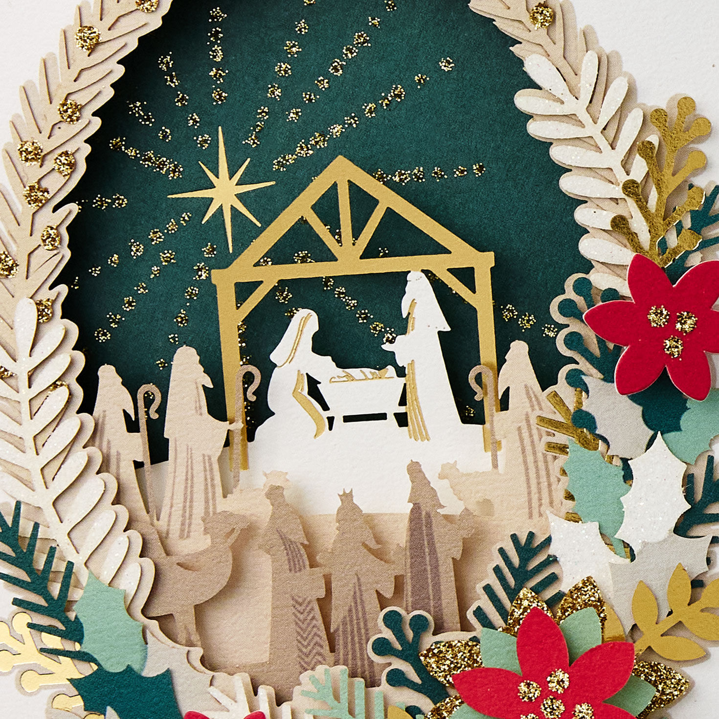 Nativity Poinsettia Religious Christmas Card Card Front Detail image number 5