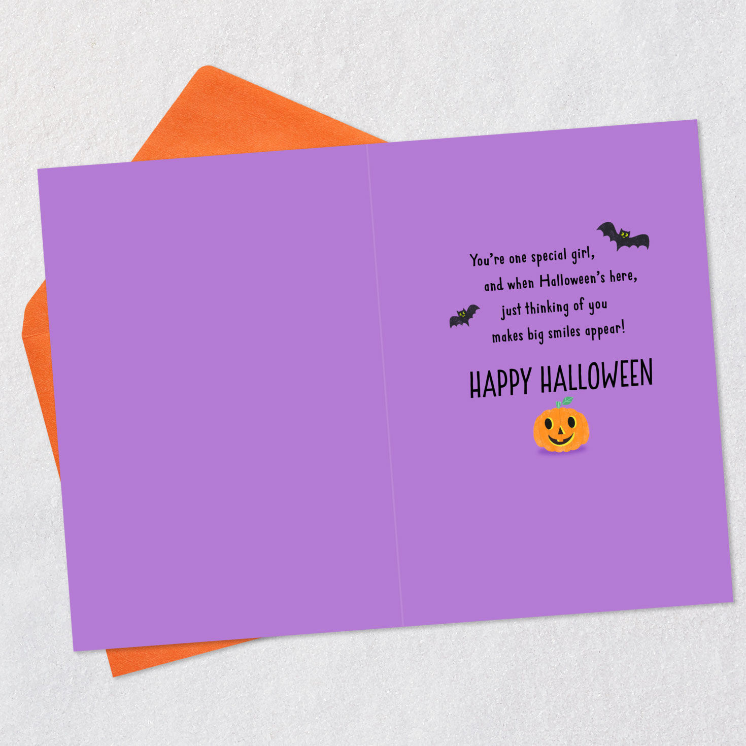 Black Cat, Pumpkins and Bats Granddaughter Halloween Card Open card with envelope image number 3