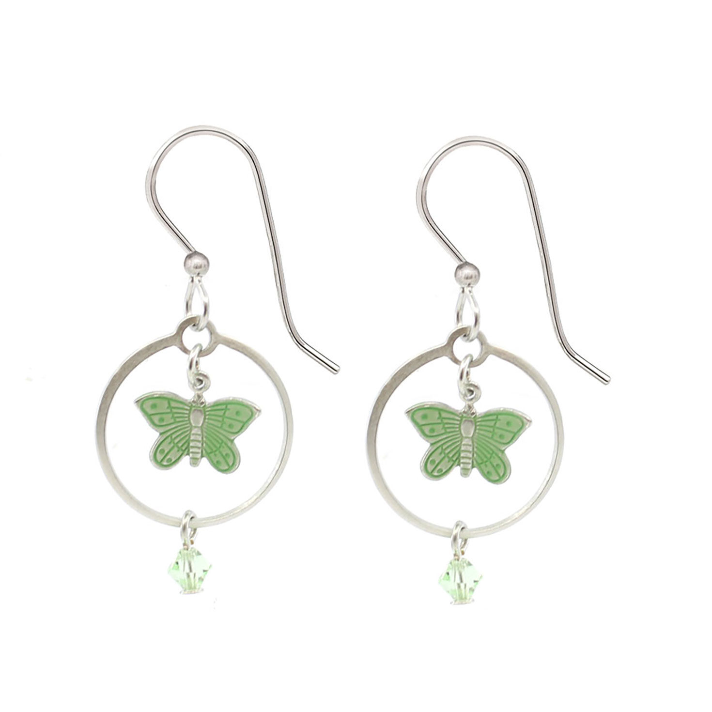 Silver Forest Green Butterfly Silver Metal Drop Earrings