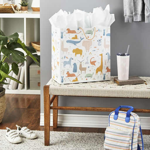 15" Pastel Animals on White Extra-Deep Gift Bag, 