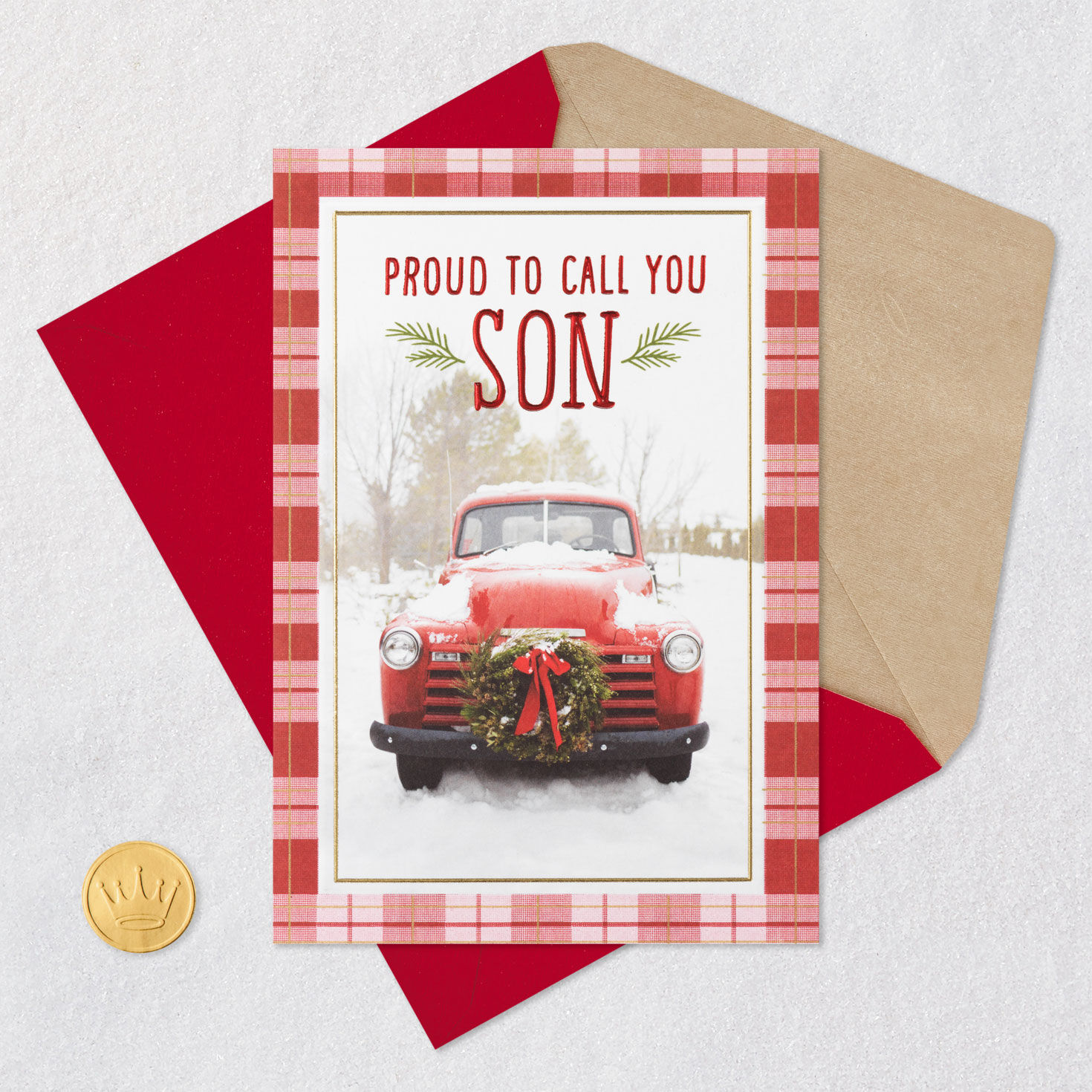 Vintage Red Truck Son Christmas Card Card Front with Envelope and Gold Seal image number 5