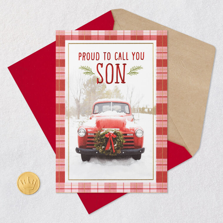 Vintage Red Truck Son Christmas Card Card Front with Envelope and Gold Seal image number 5