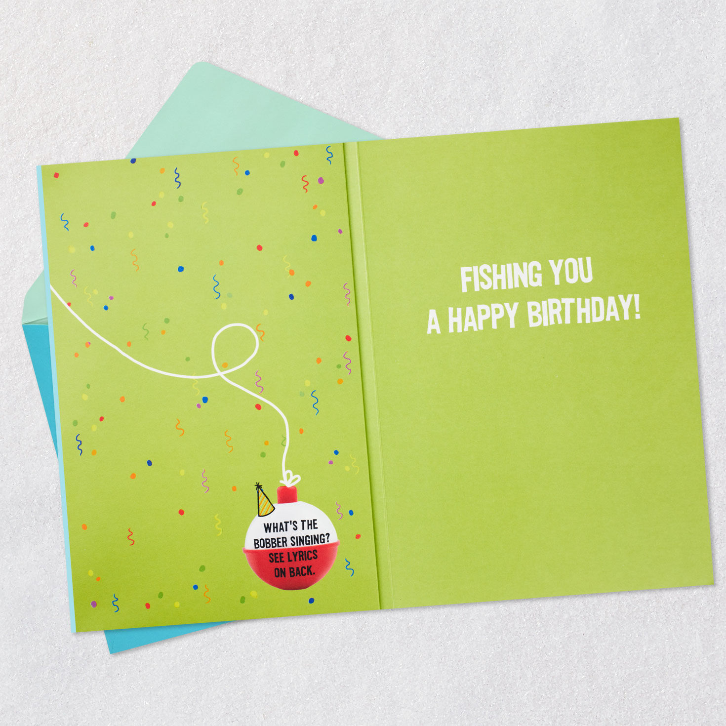 Fishing Puns and Bobber Funny Birthday Card Open card with envelope image number 4