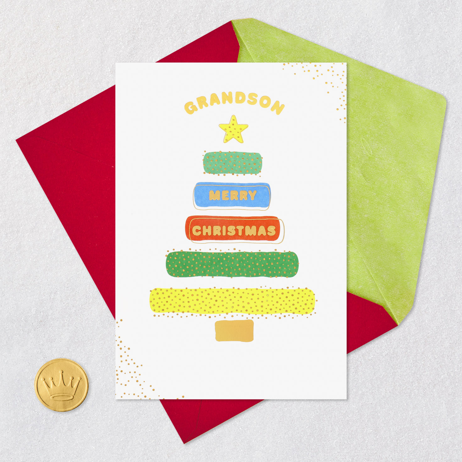 Colorful Tree Christmas Card for Grandson Card Front with Envelope and Gold Seal image number 5