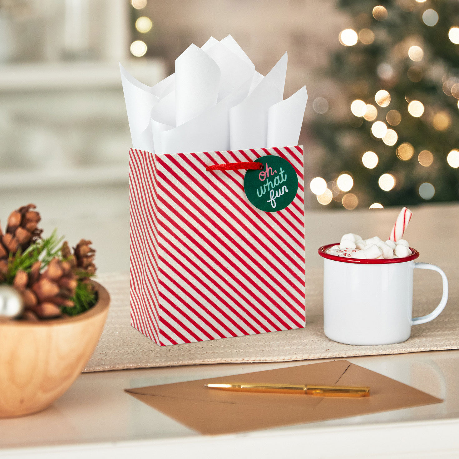 Glittery Peppermint Stripes Small Christmas Gift Bag In use image number 2