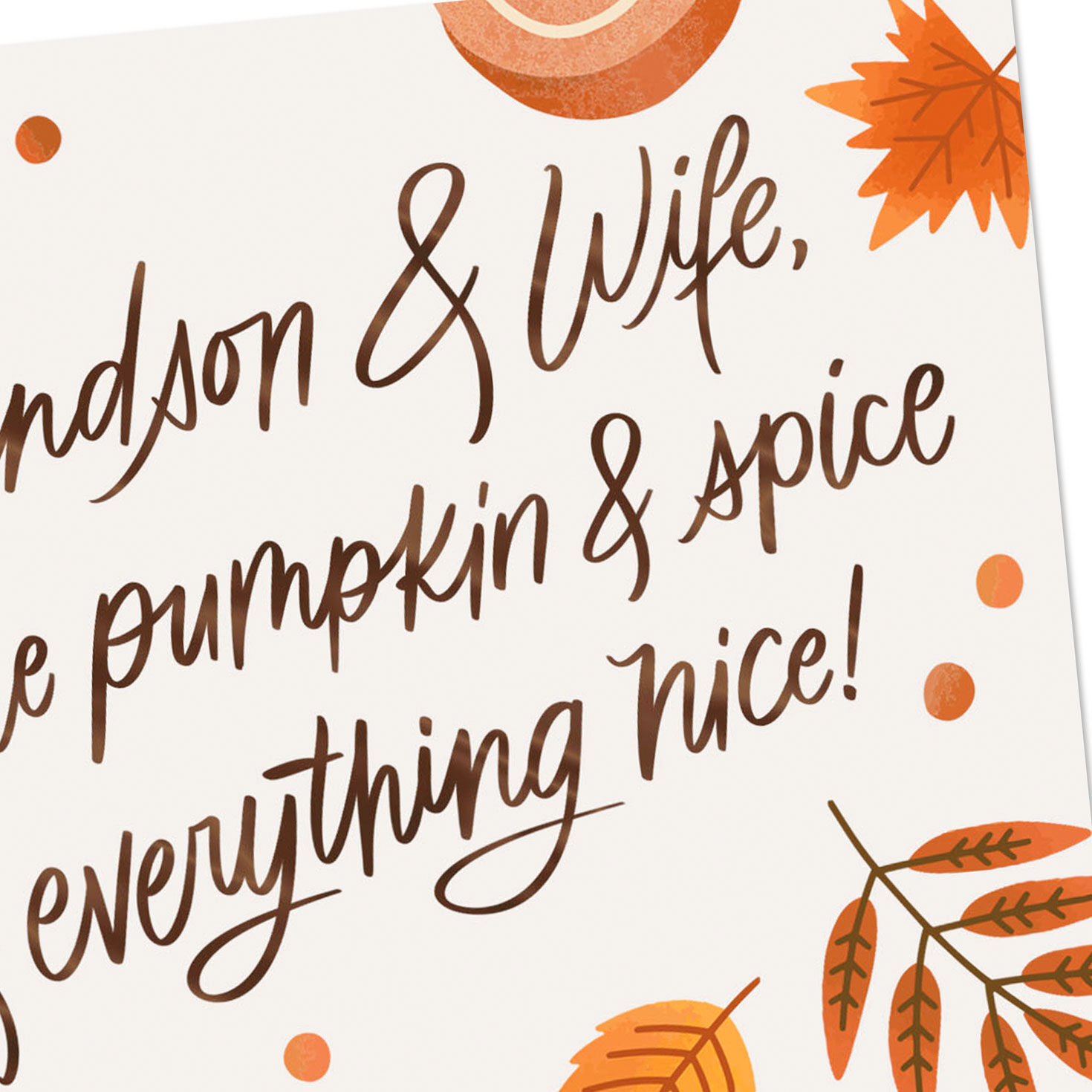 Orange Coffee Mugs and Leaves Grandson and Wife Thanksgiving Card Card Front Detail image number 4
