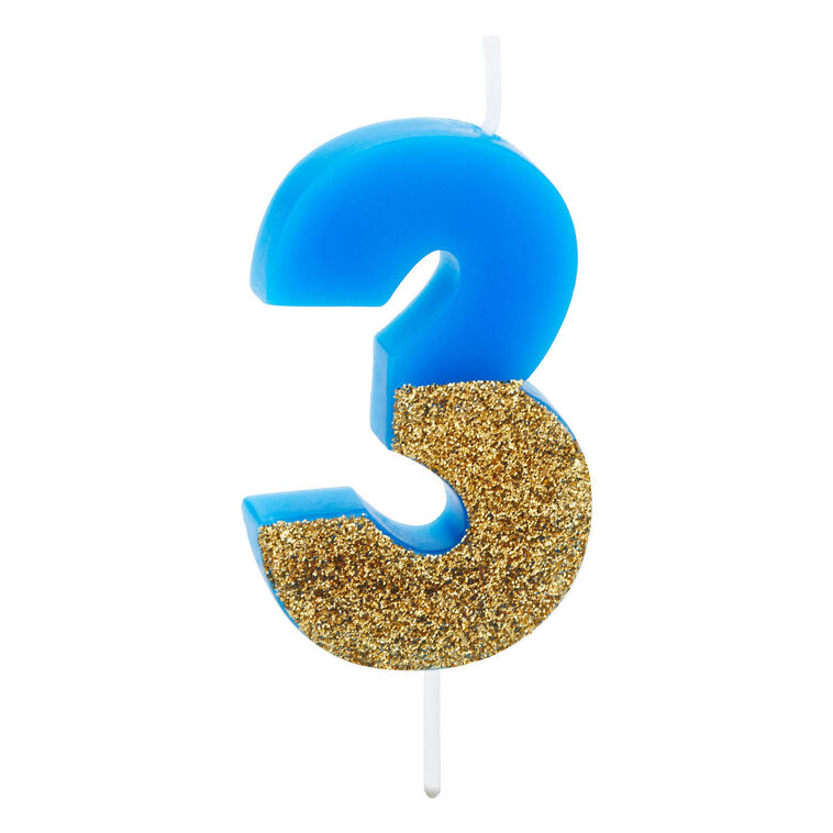 "3" Birthday Candle in Blue With Gold Glitter, , large image number 1