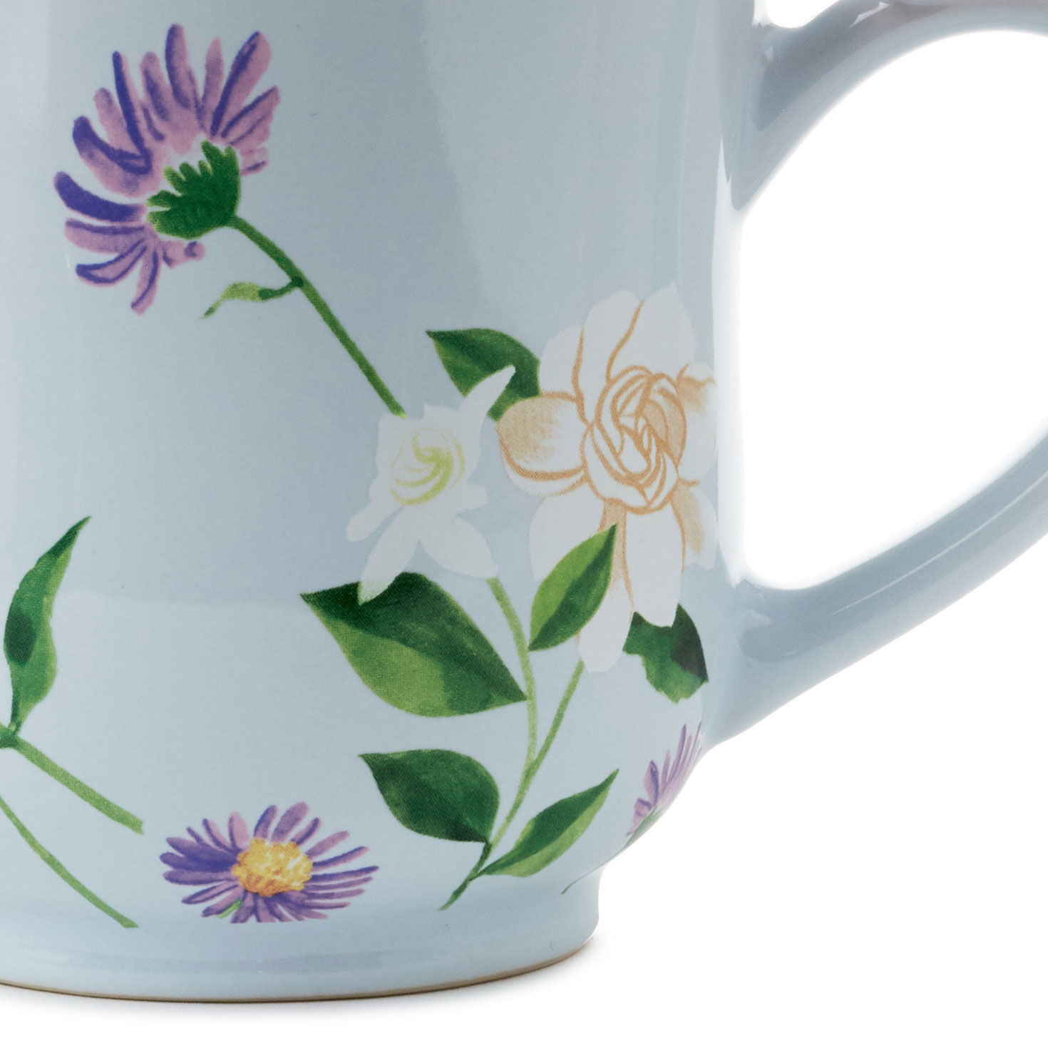 White Mug With Flowers and Butterfly Thumb Rest upclose view image number 4