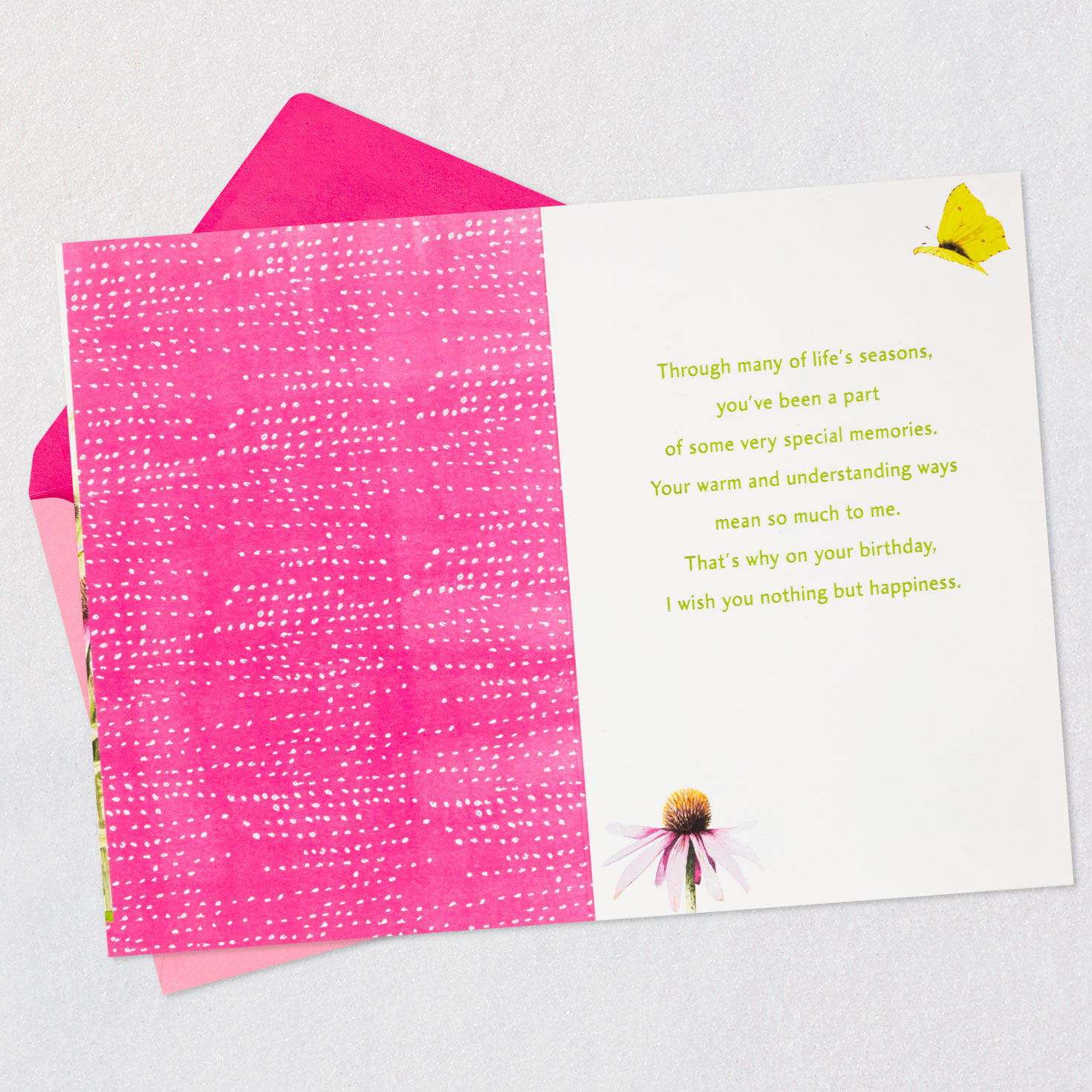 Bastin Flowers and Yellow Birds on White Birthday Card Open card with envelope image number 3