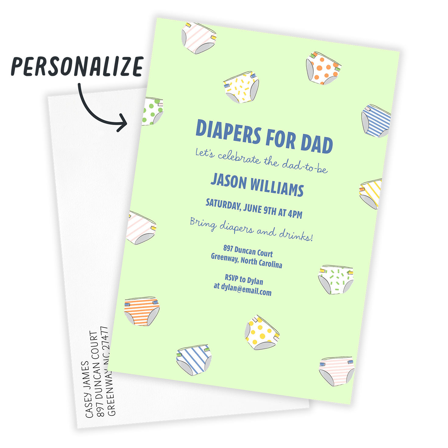Colored Diapers Personalized Baby Shower Invite Card front with Envelope indicating personalization image number 2