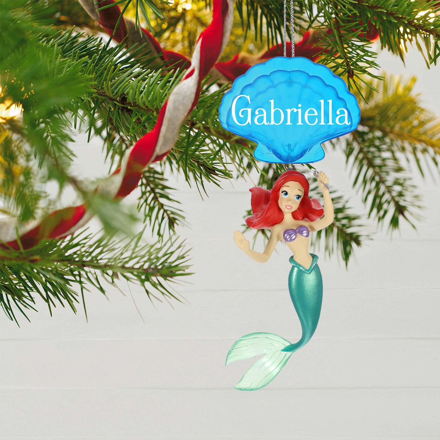 Little Mermaid With Shell Personalized Ornament hanging on tree image number 2