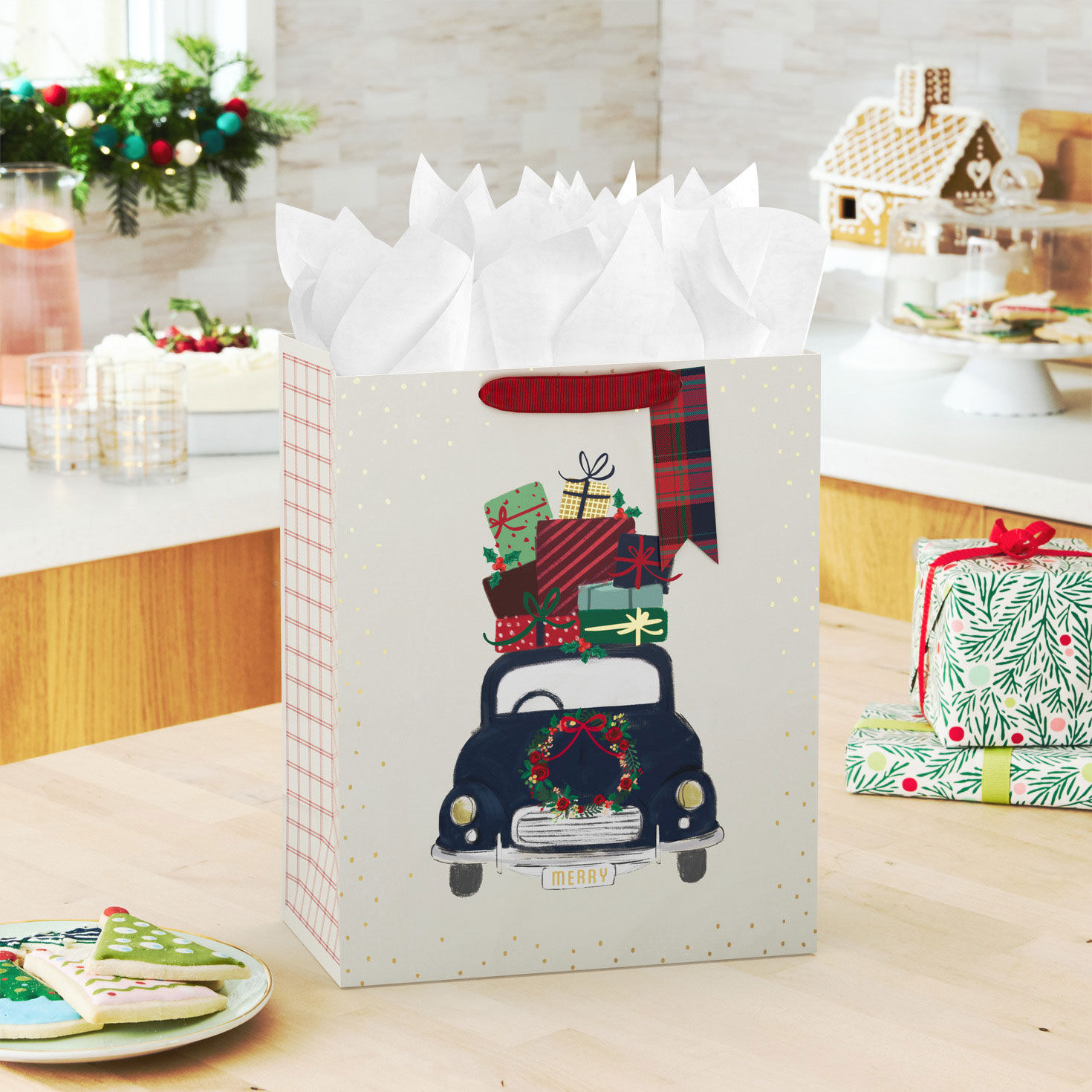Retro Blue Car on Ivory Christmas Gift Bag in use image number 2