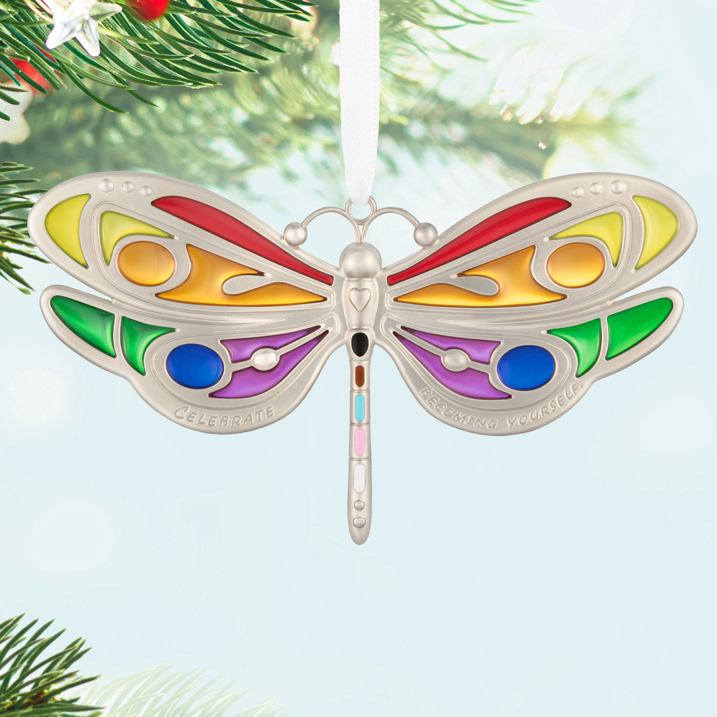 Rainbow Dragonfly Keepsake Ornament Hanging on tree image number 2