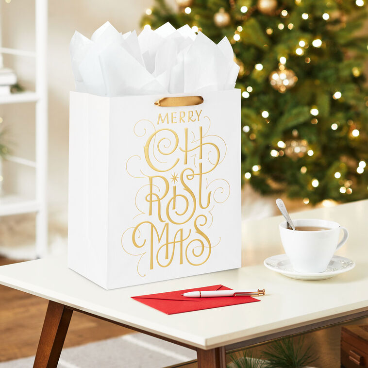 Merry Christmas Calligraphy on White Large Gift Bag In Use image number 2