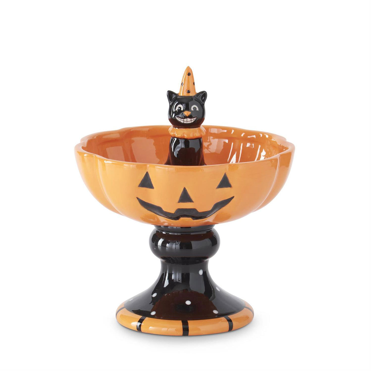 K&K Interiors Jack-o'-Lantern With Black Cat Ceramic Pedestal Bowl, 8.25"