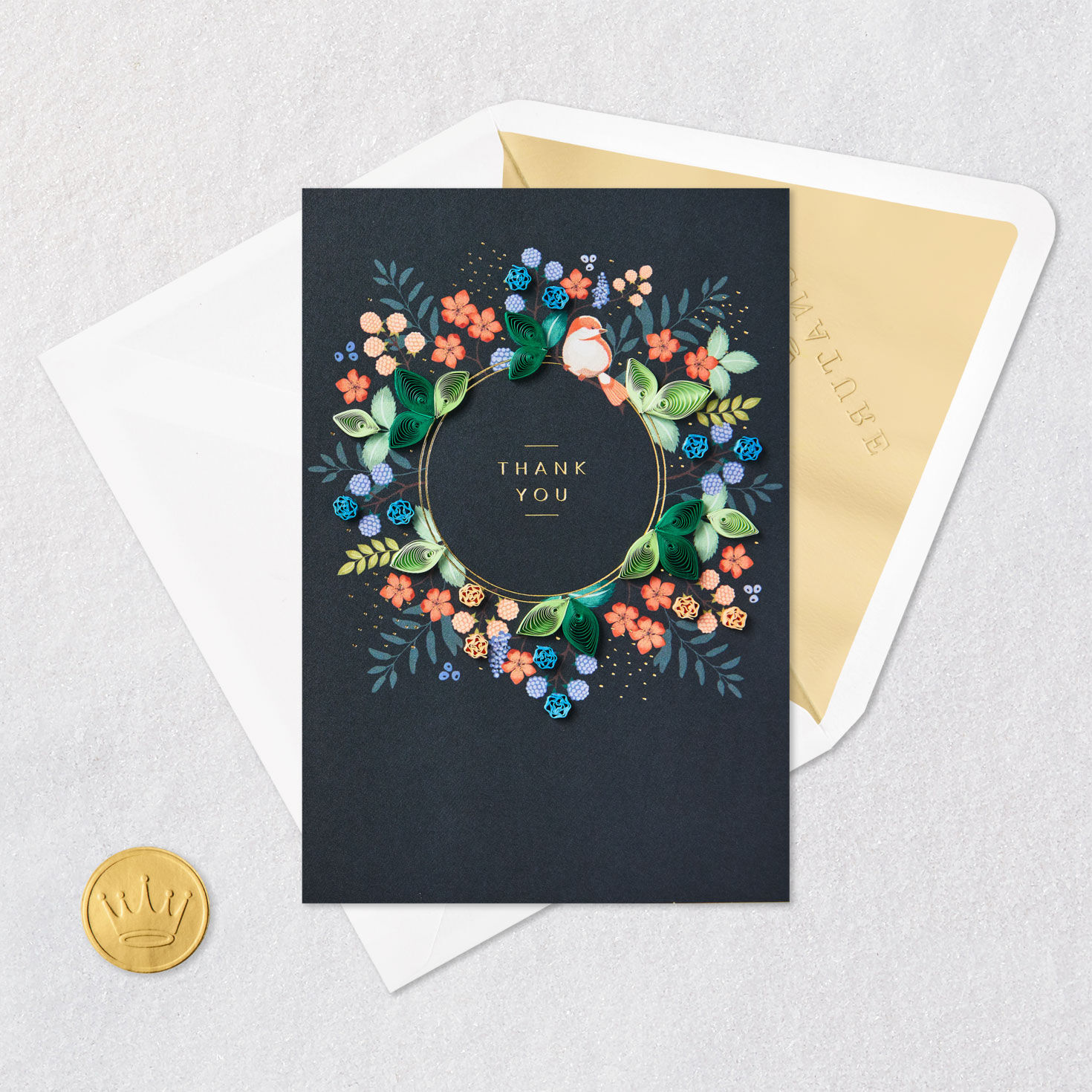 Floral Wreath on Black Signature Thank You Card Card Front with Envelope and Gold Seal image number 6