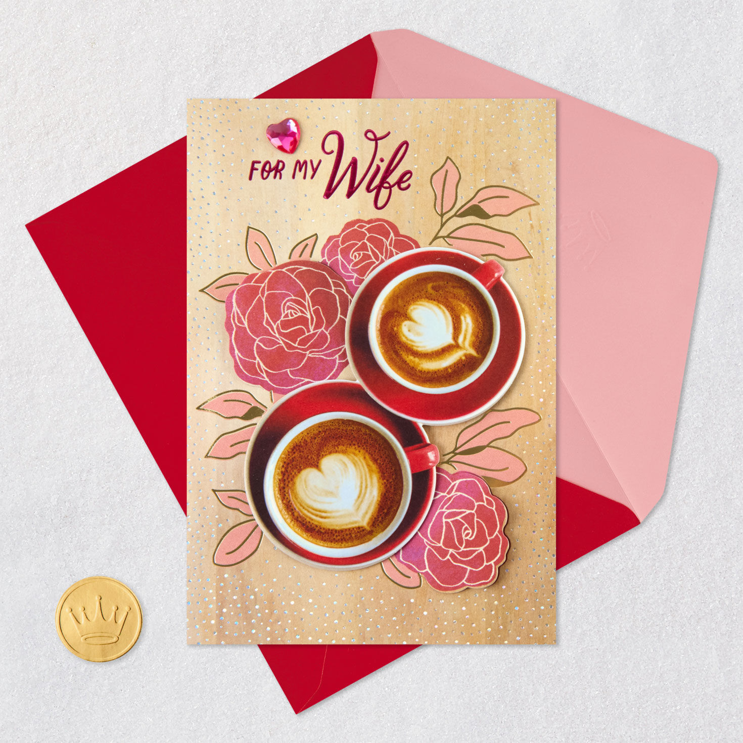 Two Cups of Coffee Valentine's Day Card for Wife Card Front with Envelope and Gold Seal image number 7
