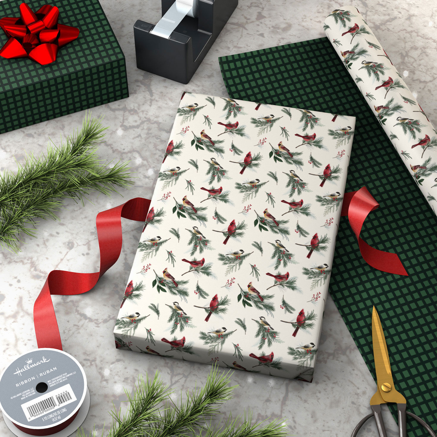 Cardinals/Green Check Reversible Holiday Gift Wrap Wrapped package image number 3