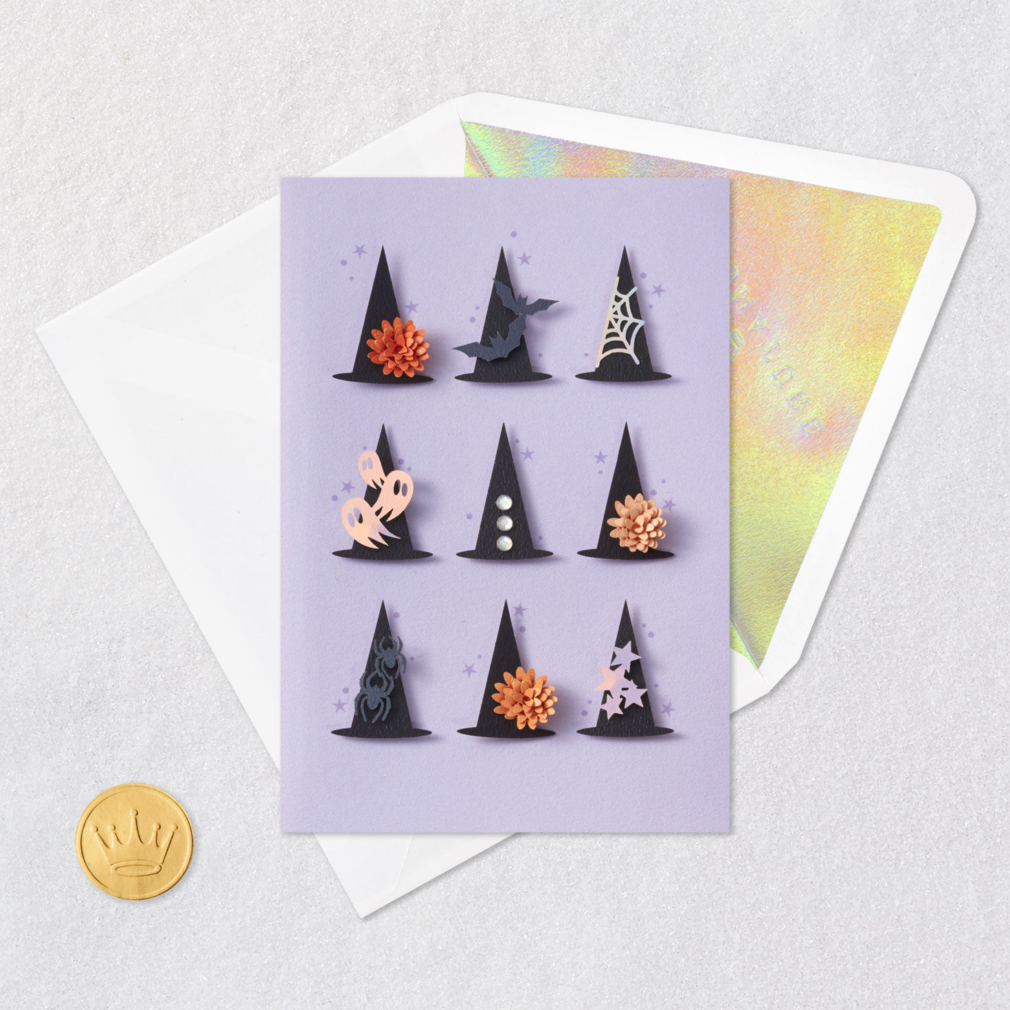 Witch's Hats on Lavender Halloween Card Card Front Detail image number 5