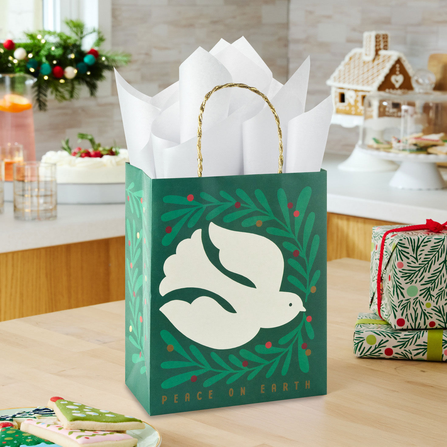 Peace Dove on Green Christmas Gift Bag in use image number 2