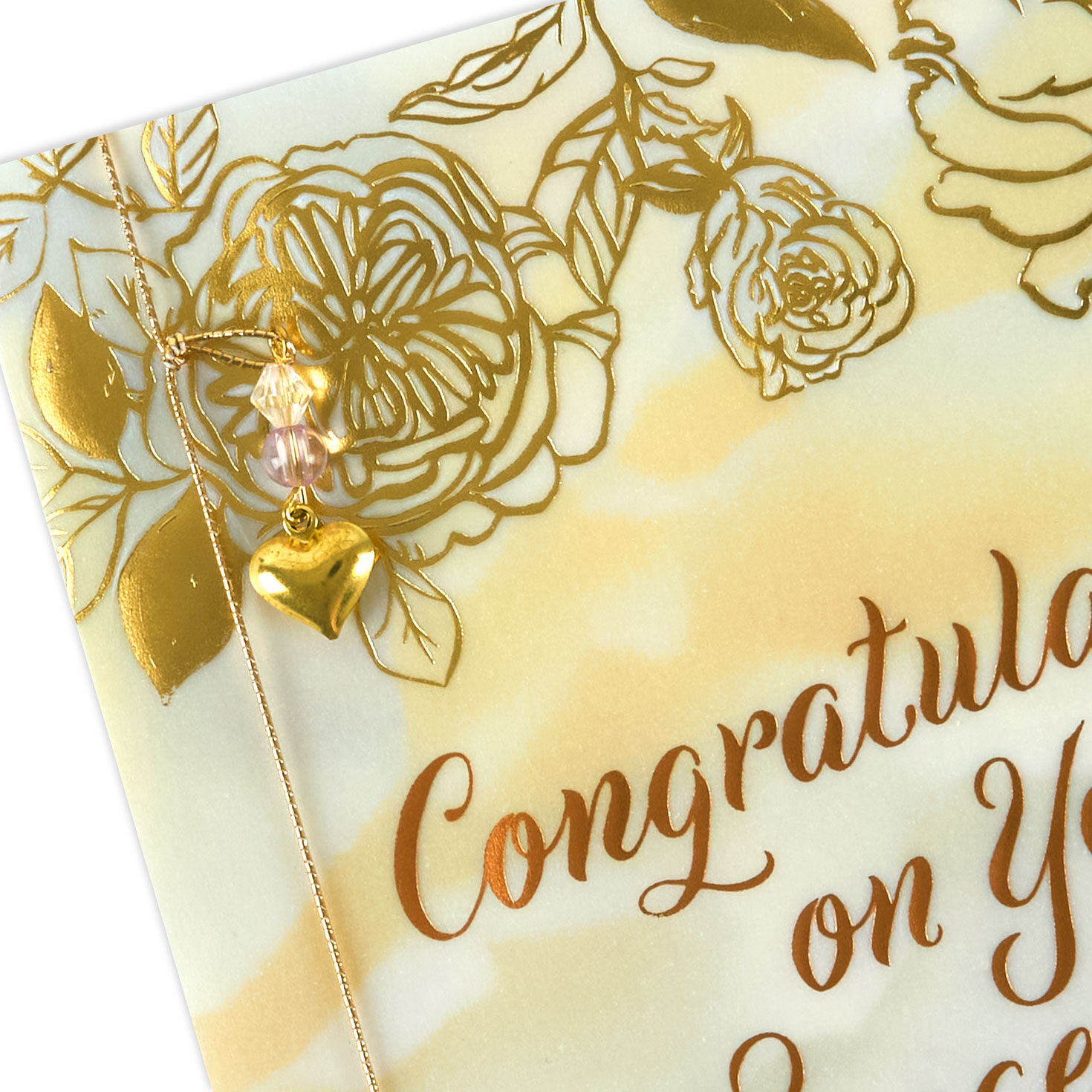 Gold Flowers With Heart Charm Engagement Card Card Front Detail image number 5